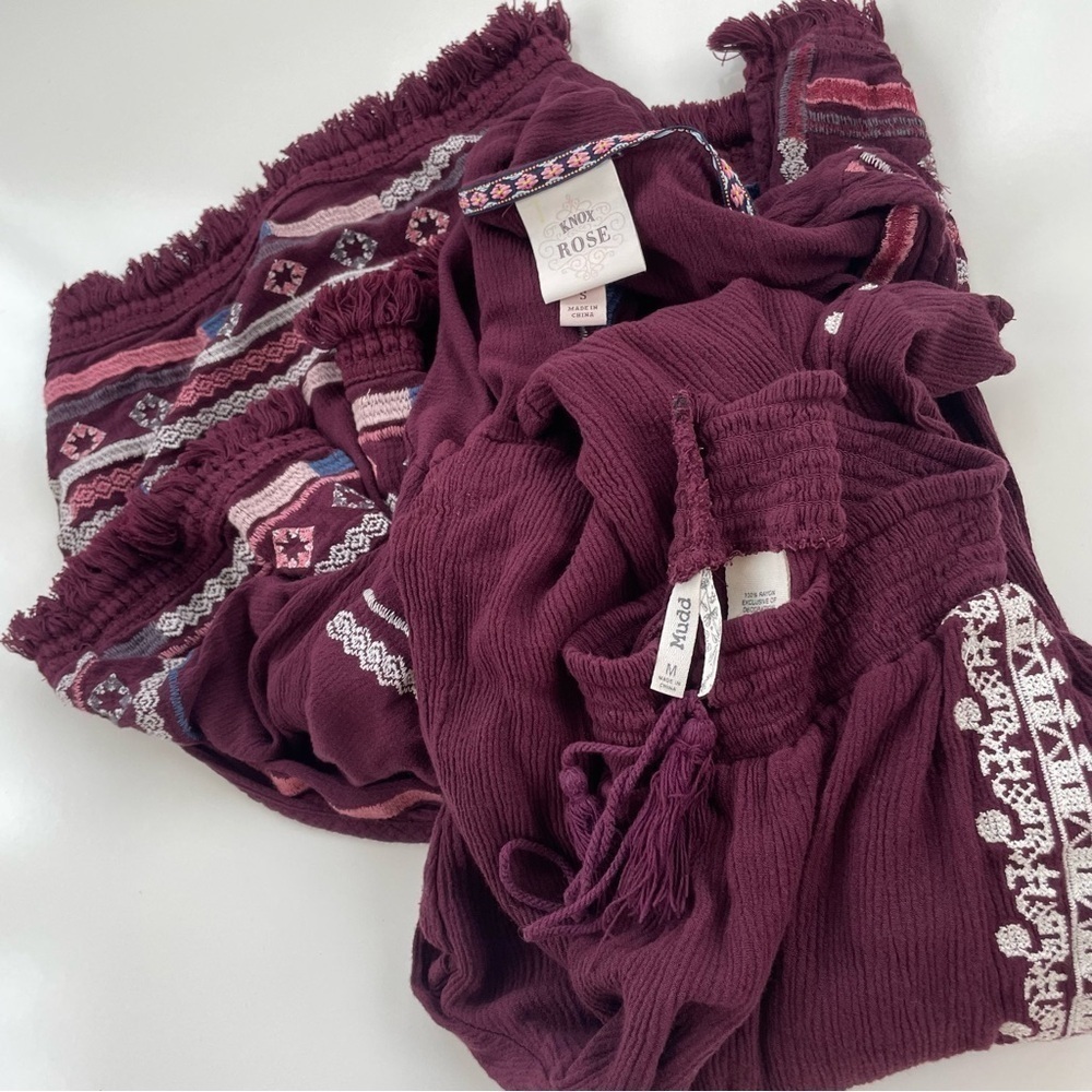 Knox Rose Mudd LOT OF 2 Maroon Embroidered Boho Cropped Kimono Flare Leg S/M